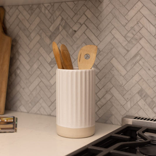 Zenvira Ribbed Stoneware Vase, hand-finished artisan decor for elegant home styling